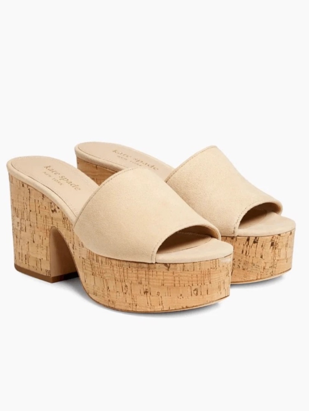 Kate Spade Ibiza Suede Slip On Block Heels Platform Sandals Sand Beige 10.5 B